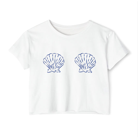 Beach Bachelorette Crop Top, Seashell Bra Shirt, Beach Day Vacation Tee, Labor Day Weekend Top, Blue White Shell Festival T-Shirt