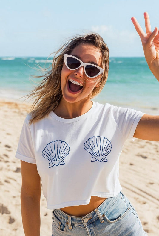 Beach Bachelorette Crop Top, Seashell Bra Shirt, Beach Day Vacation Tee, Labor Day Weekend Top, Blue White Shell Festival T-Shirt