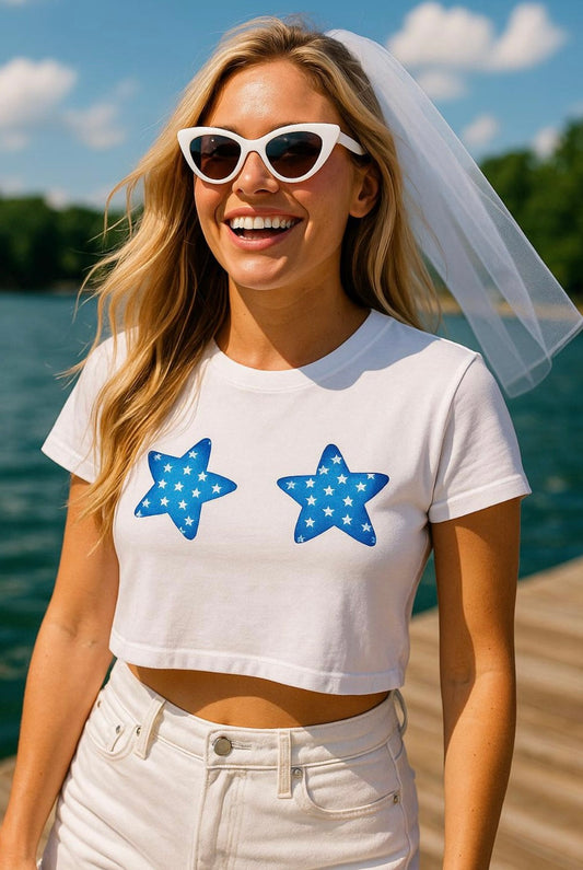 Women's Crop Top - Stars Design, Summer Crop Top, Lake T-Shirt, Casual Patriotic Wear, Beach Day Outfit, 4th of July Style