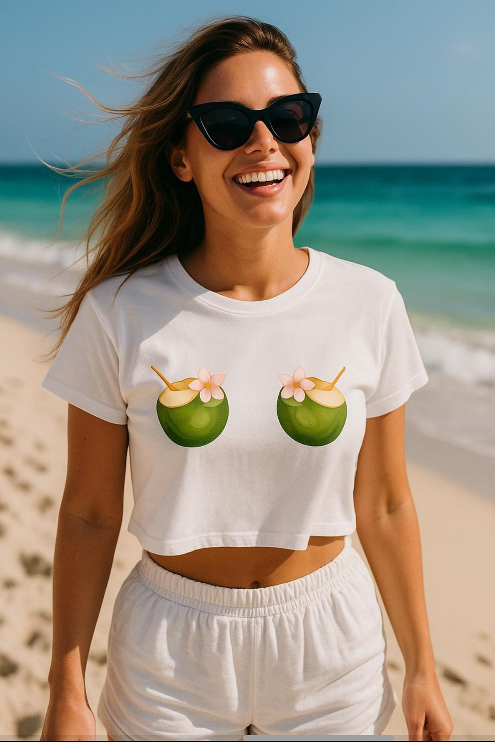 Crop Top, Coconut Bra Beach Vibes White Tee, Beach Days, Girls Trip, Bachelorette Party, Summer Shirt
