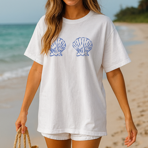 Beach Day Seashell Bra Oversize White Unisex Garment-Dyed T-shirt, Ivory Comfort Colors Tee, Cozy, Easy to Wear, Blue Seashells, Vacation