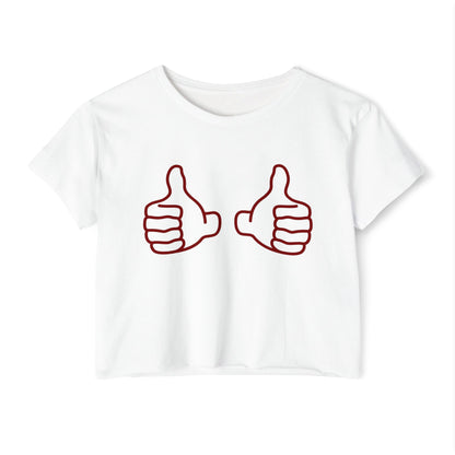 Women's Crop Top, Texas A&M Aggies Gig'Em White Tee Shirt, Game Day Apparel, Thumb's Up Festival Shirt, Maroon Accent, Boots and Jean Shorts