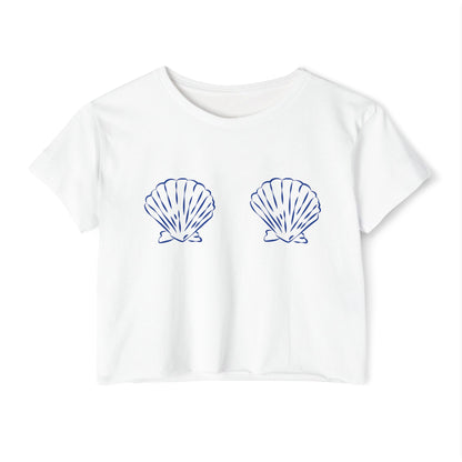 Beach Bachelorette Crop Top, Seashell Bra Shirt, Beach Day Vacation Tee, Labor Day Weekend Top, Blue White Shell Festival T-Shirt