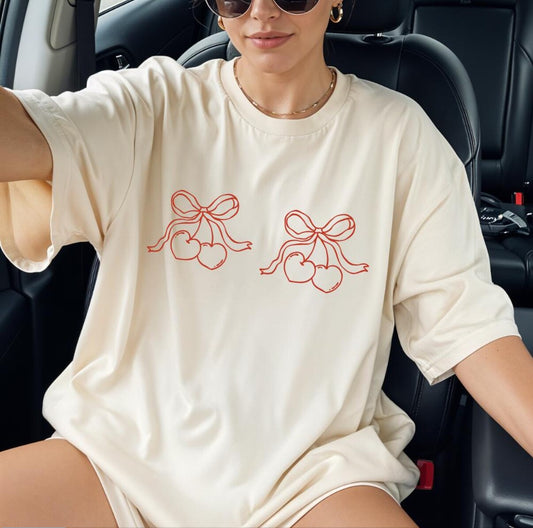 Heart and Cherry Print Oversize T-shirt, Love Focused Comfort Colors Tee, Trendy Women's Top, Fashionable Girly Shirt, Dainty Casual Wear