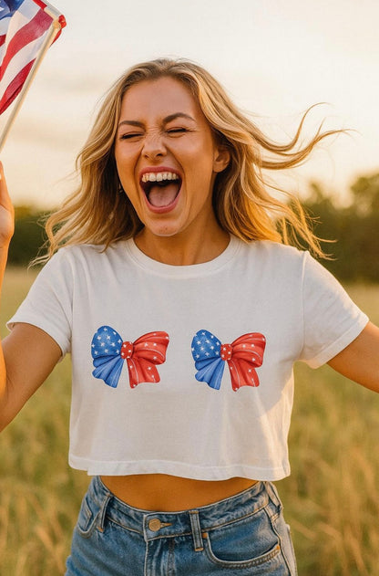 Crop Top Shirt with Patriotic Bows, Red White Blue, Bachelorette, Lake Weekend, Labor Day, Women Apparel