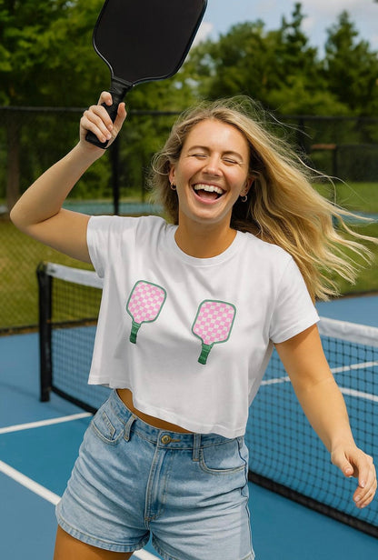 Pickleball Crop Top, Girly Pink and White Shirt for Party or Bachelorette, Cute Trendy Outfit